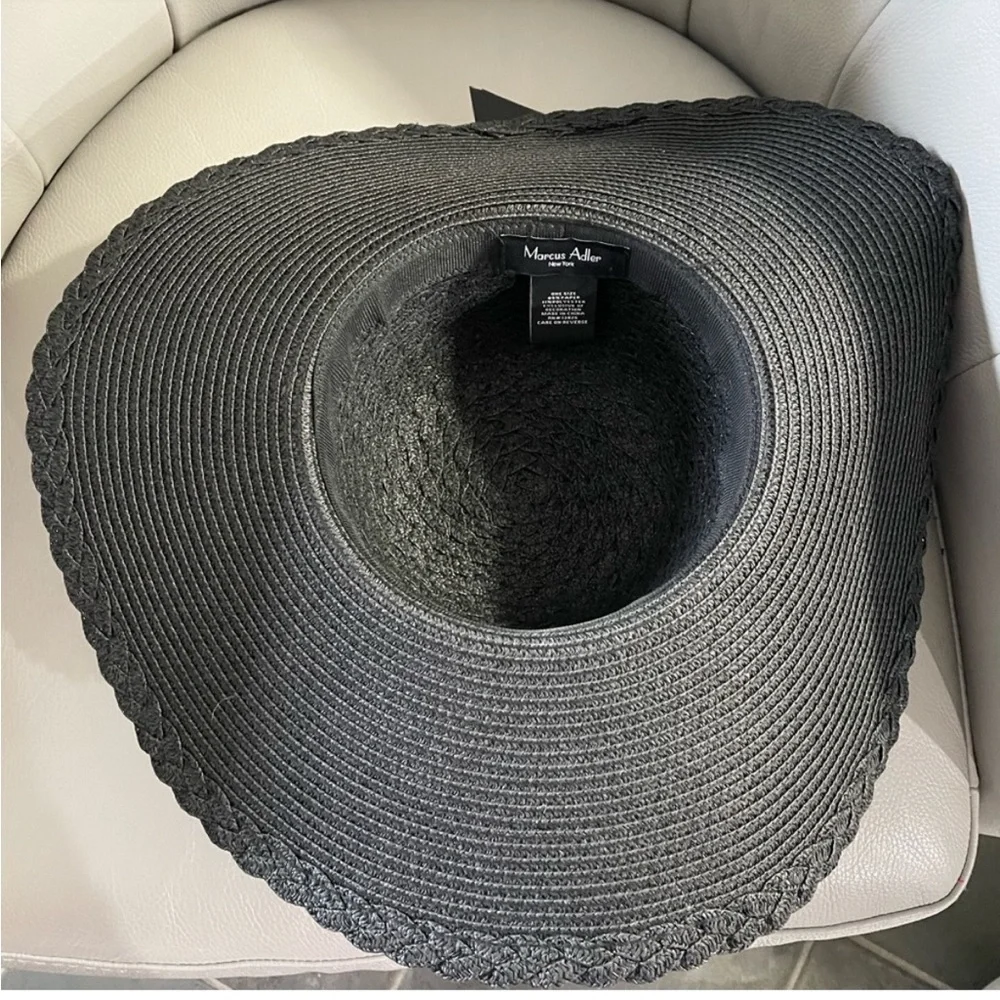 Marcus Adler New York black floppy hat with gold chain and sheer scarf accent
